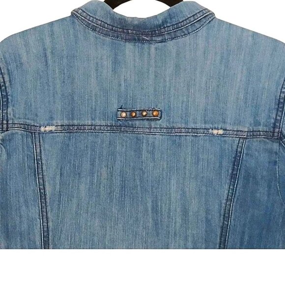 Y2K Womens Jean Jacket Size L Rustic Western Distressed Beaded Trucker Blue - Picture 4 of 6